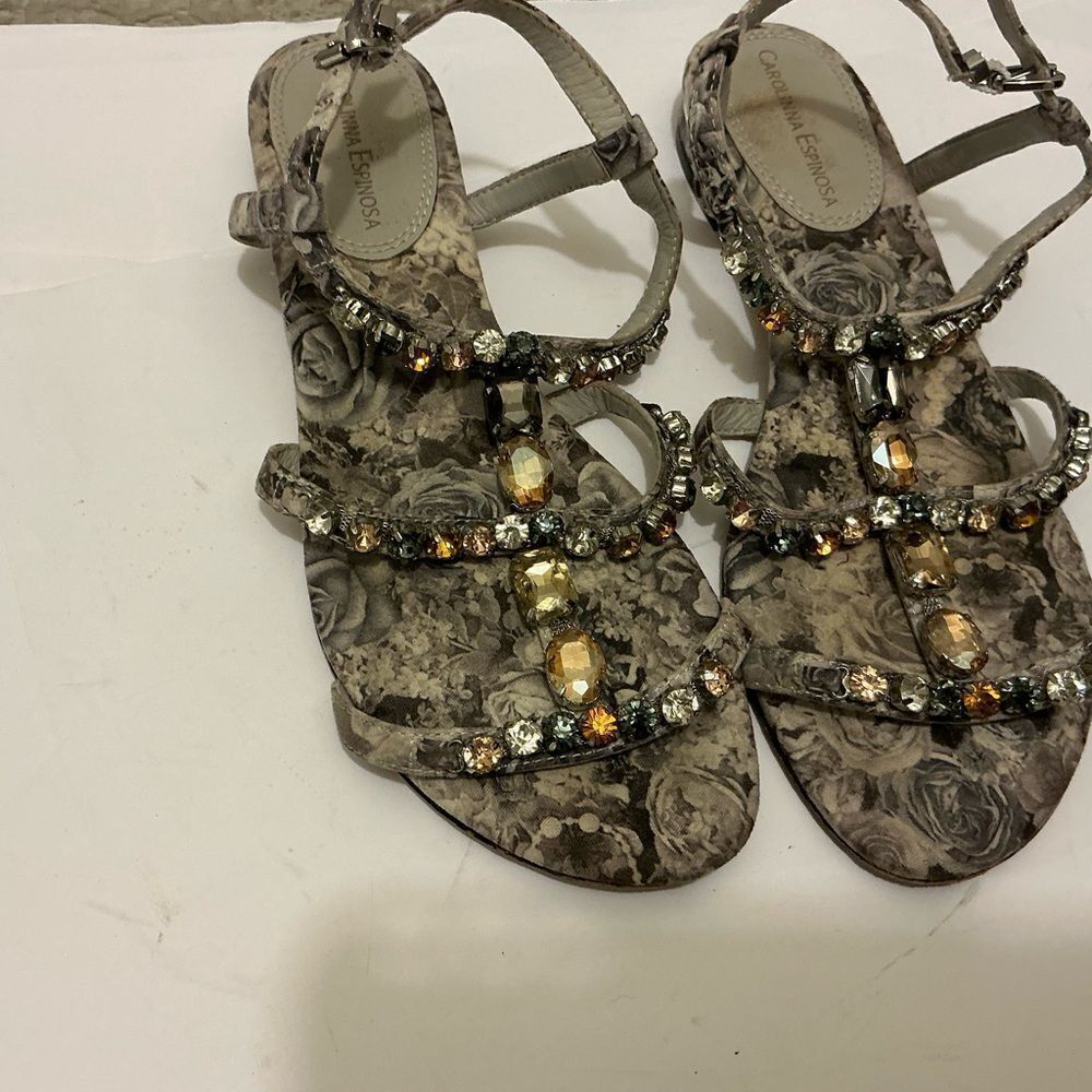 Carolina Espinosa Floral Gray Sandals with Embellishments 8M